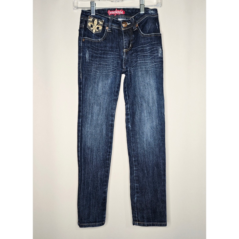 Freestyle Girls Dark Wash Denim Jeans Size 10 Fleur De Lis Embellished Pockets